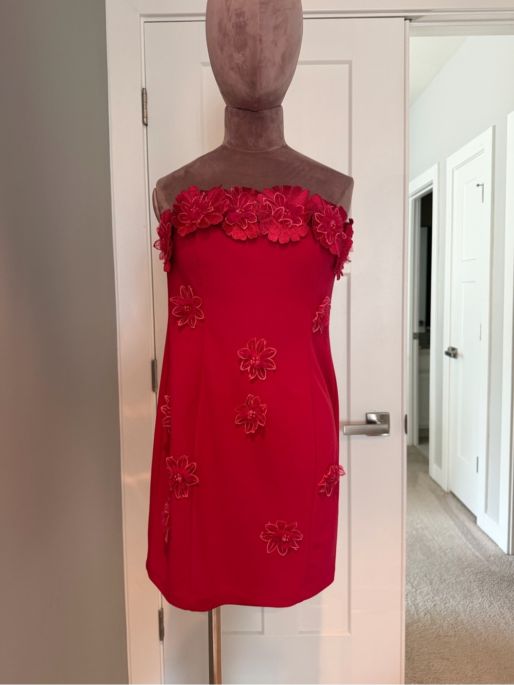 Red Strapless Floral Appliqué Dress, Anthropologie